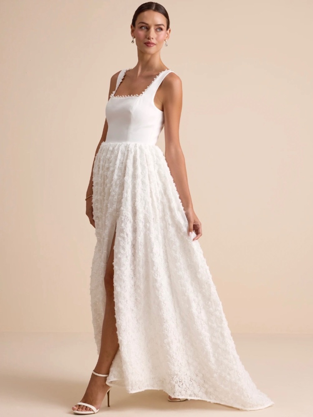 Ellsworth Ivory Mixed-Media Pearl A-Line Maxi Dress
